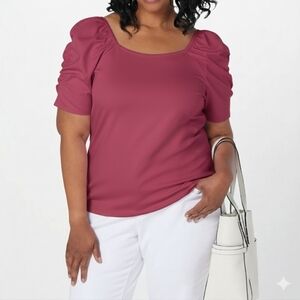 All Worthy Hunter McGrady Knit Top with Ruched Shoulders, Dark Pink, 2X, NWOT